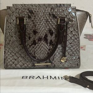 Brahmin Priscilla Brown Snake Print Satchel, dust bag & shoulder strap included